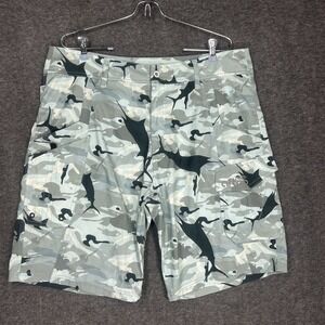 Aftco Tactical Fishing Shorts Mens 36 Gray Fish print Camo Cargo Ripstop